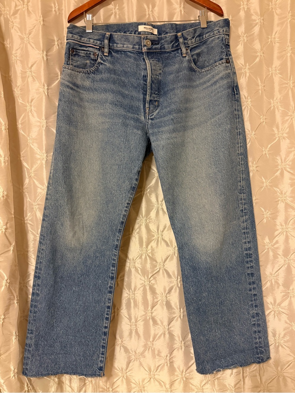 MOUSSY VINTAGE Straight Leg Jeans Raw Hem Denim Medium Blue Wash Distressed - Picture 3 of 13